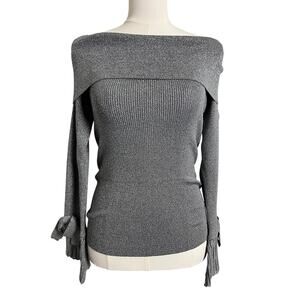 NY&C Off Shoulder Sweater Womens Small Silver Metallic Bow Cuff Party Top